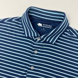 Onward Reserve Polo Shirt Mens M Blue Striped Performance Short Sleeve Bear Logo